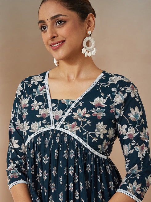 Janasya Women's Teal Blue Pure Cotton Floral Printed A-line Kurta Set